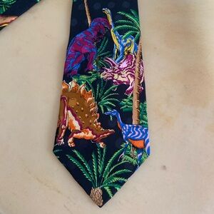 Vintage 1992 Novelty Dinosaur Tie 100% Silk Black Green Teacher Scientist Nerd